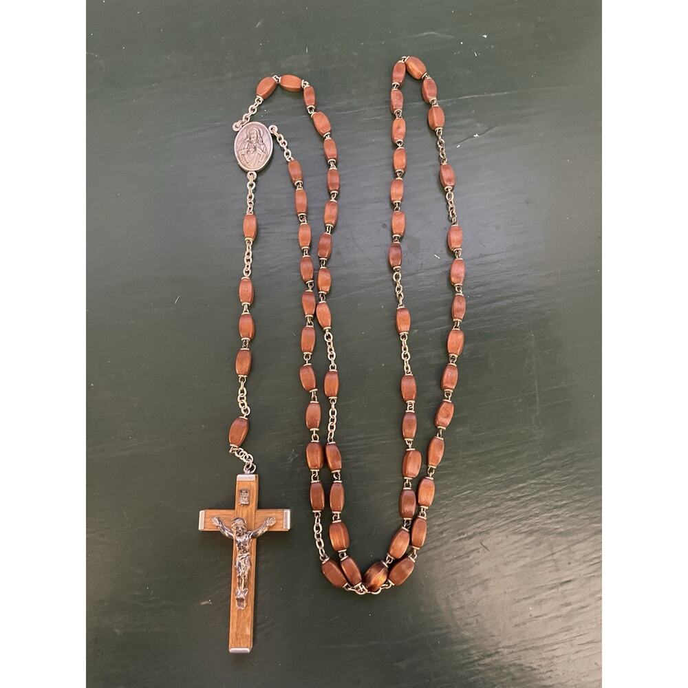 Vintage Catholic ROSARY 25 inches long Olive Wood Made in Italy